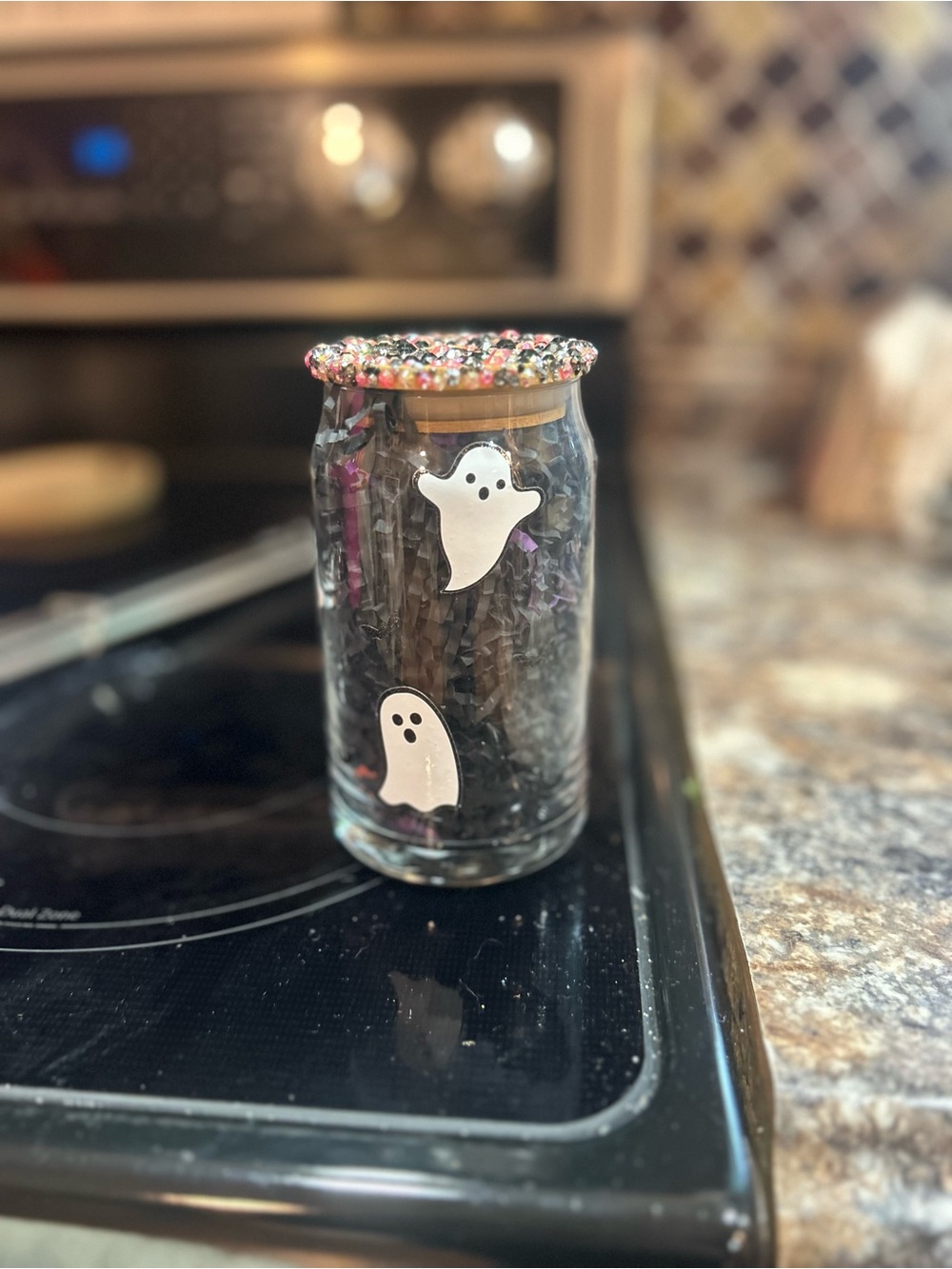 Handcrafted Ghost Accent Jar in Clear Glass with Black & White Details